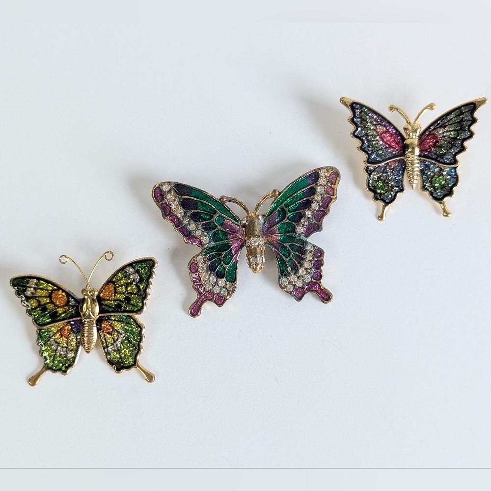Vintage Gold Tone Butterfly Brooch Lot 3pc Mixed Filigree Textured Insect Pins